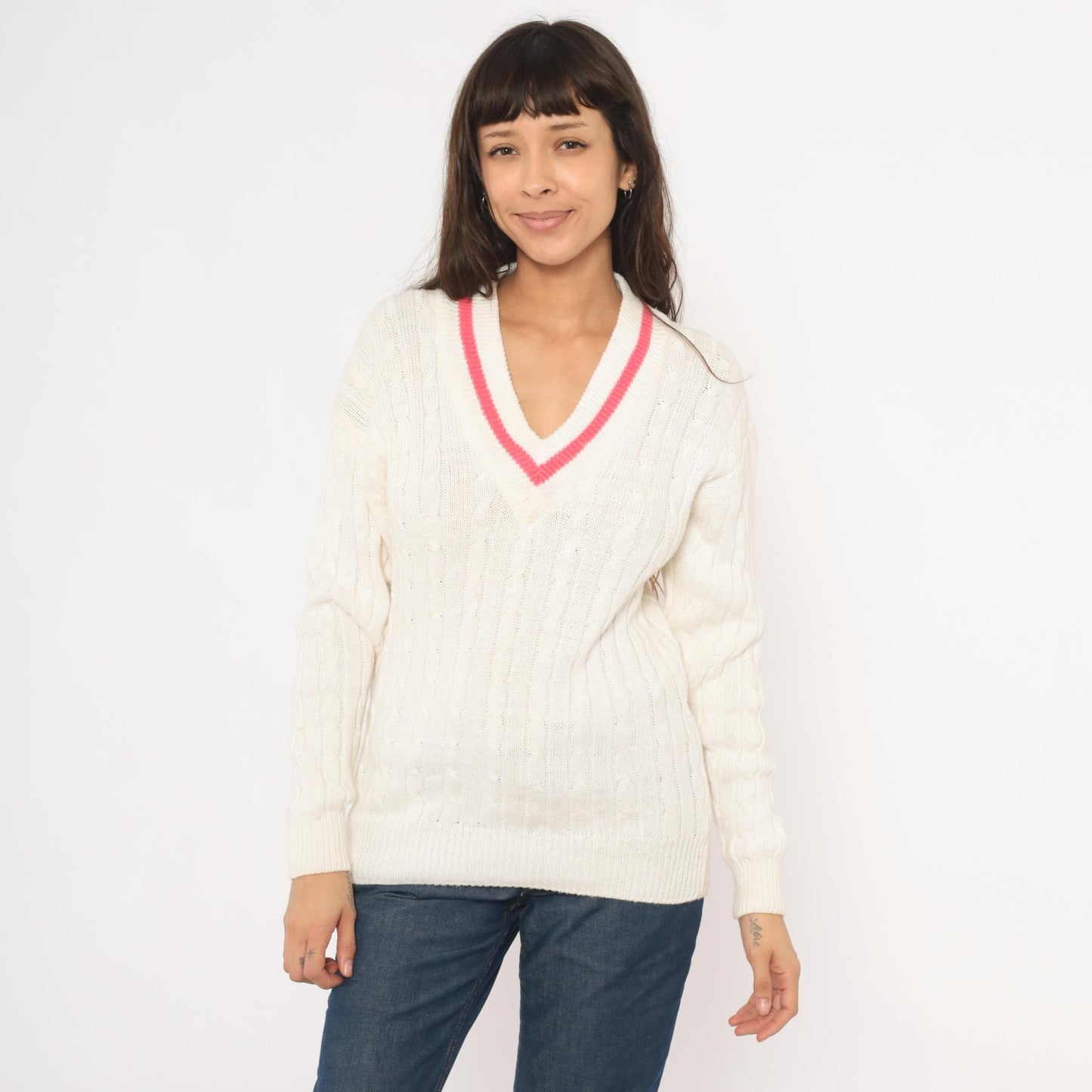90s Boundary Waters Cable Knit V Neck Sweater Pink Stripe Ivory Small S