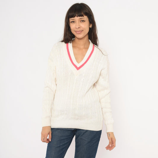 90s Boundary Waters Cable Knit V Neck Sweater Pink Stripe Ivory Small S