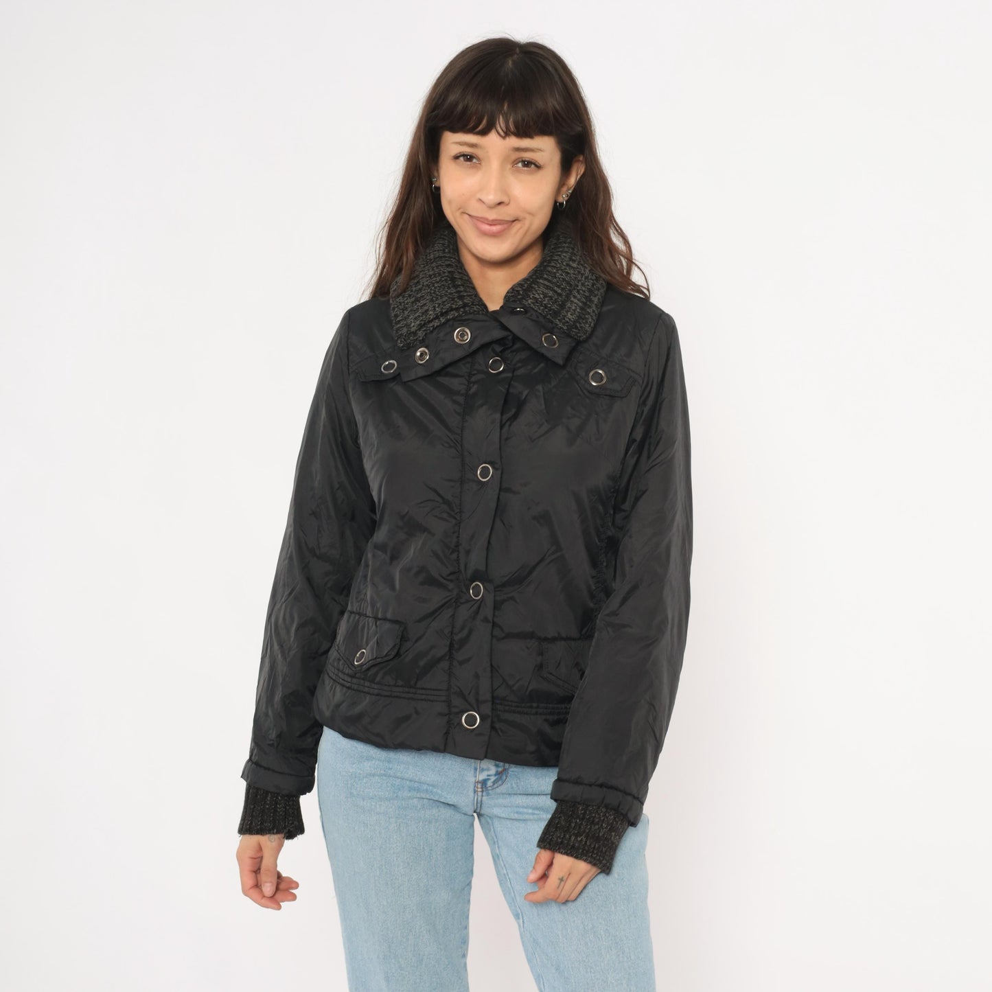 Y2K Dollhouse Black Bomber Jacket Snap Front Knit Collar Cropped Medium M