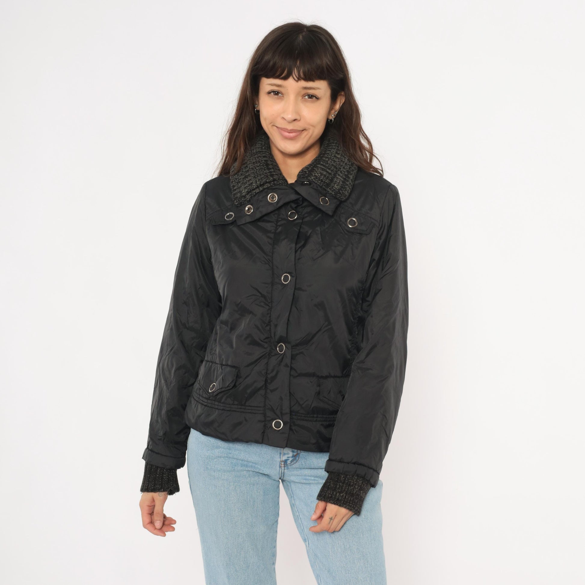 Y2K Dollhouse Black Bomber Jacket Snap Front Knit Collar Cropped Medium M