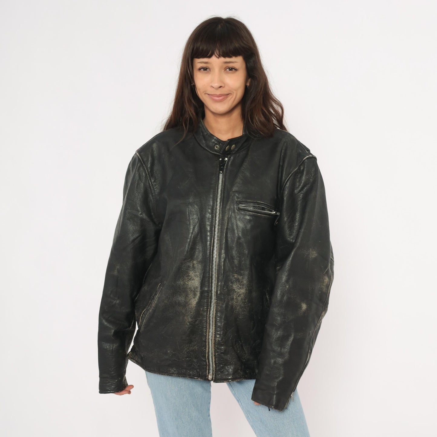 90s Unik Leather Cafe Racer Jacket Black Moto Coat Heavy Weight Extra Large