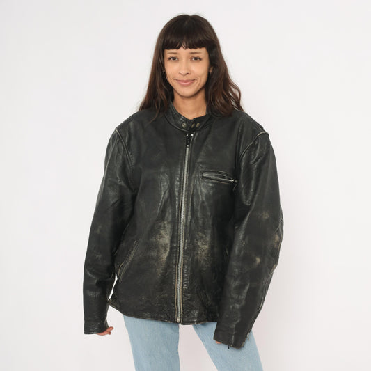 90s Unik Leather Cafe Racer Jacket Black Moto Coat Heavy Weight Extra Large