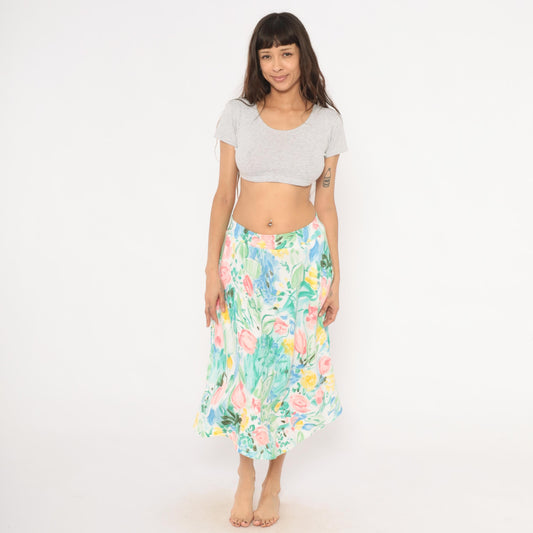 80s Dennis Goldsmith Floral Midi Skirt A-Line Pink Teal Green Medium