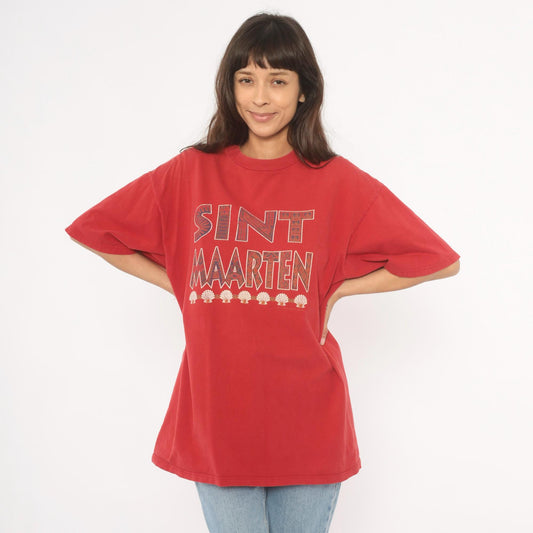 90s Sint Maarten Tribal Seashell Souvenir Tee Red Cotton Extra Large XL