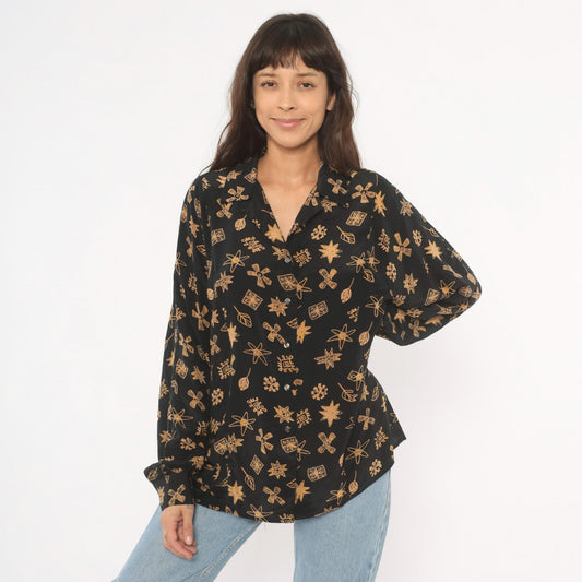90s Annie Alexander Silk Blouse Black Gold Abstract Print Notched Collar Large L