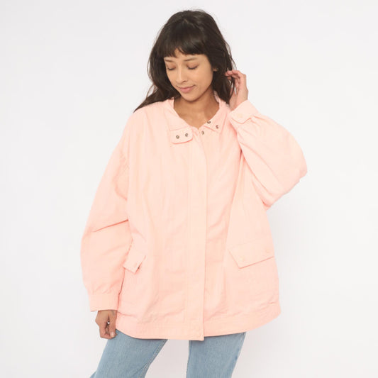 80s Aurora International Windbreaker Jacket Peach Snap Collar Zip Front Extra Large XXL