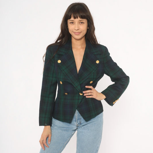 80s Rafaella Black Watch Tartan Wool Blazer Gold Button Peak Lapel Small S