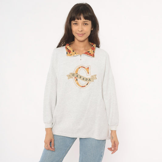 90s Cityscape Canada Maple Leaf Quarter-Zip Sweatshirt Cream Large L