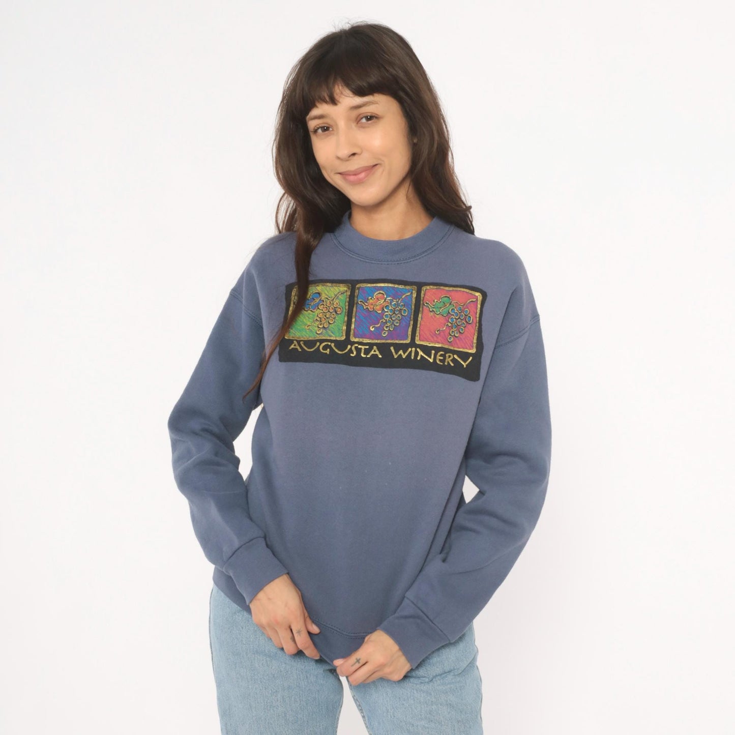 90s Fruit of the Loom Vineyard Crewneck Sweatshirt Slate Blue Graphic Small