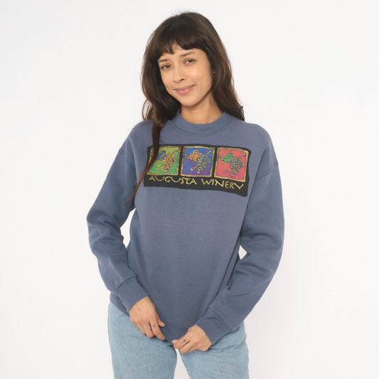 90s Fruit of the Loom Vineyard Crewneck Sweatshirt Slate Blue Graphic Small