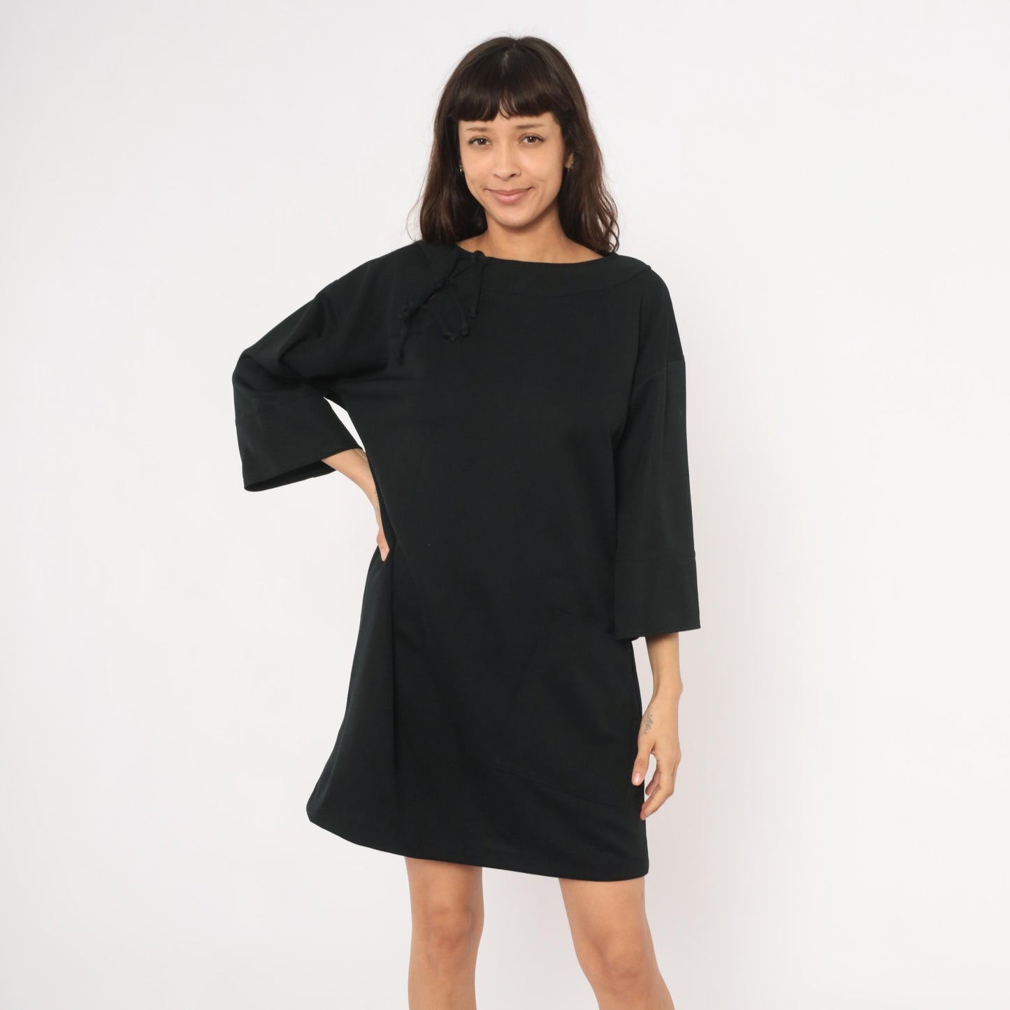 70s Black Shift Dress Lace-Up Neckline Bell Sleeve Patch Pockets Extra Large XL
