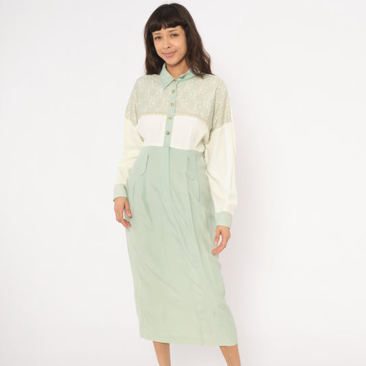90s Irresistible Sage Mint Lace Midi Dress Gold Buttons Pointed Collar Large L
