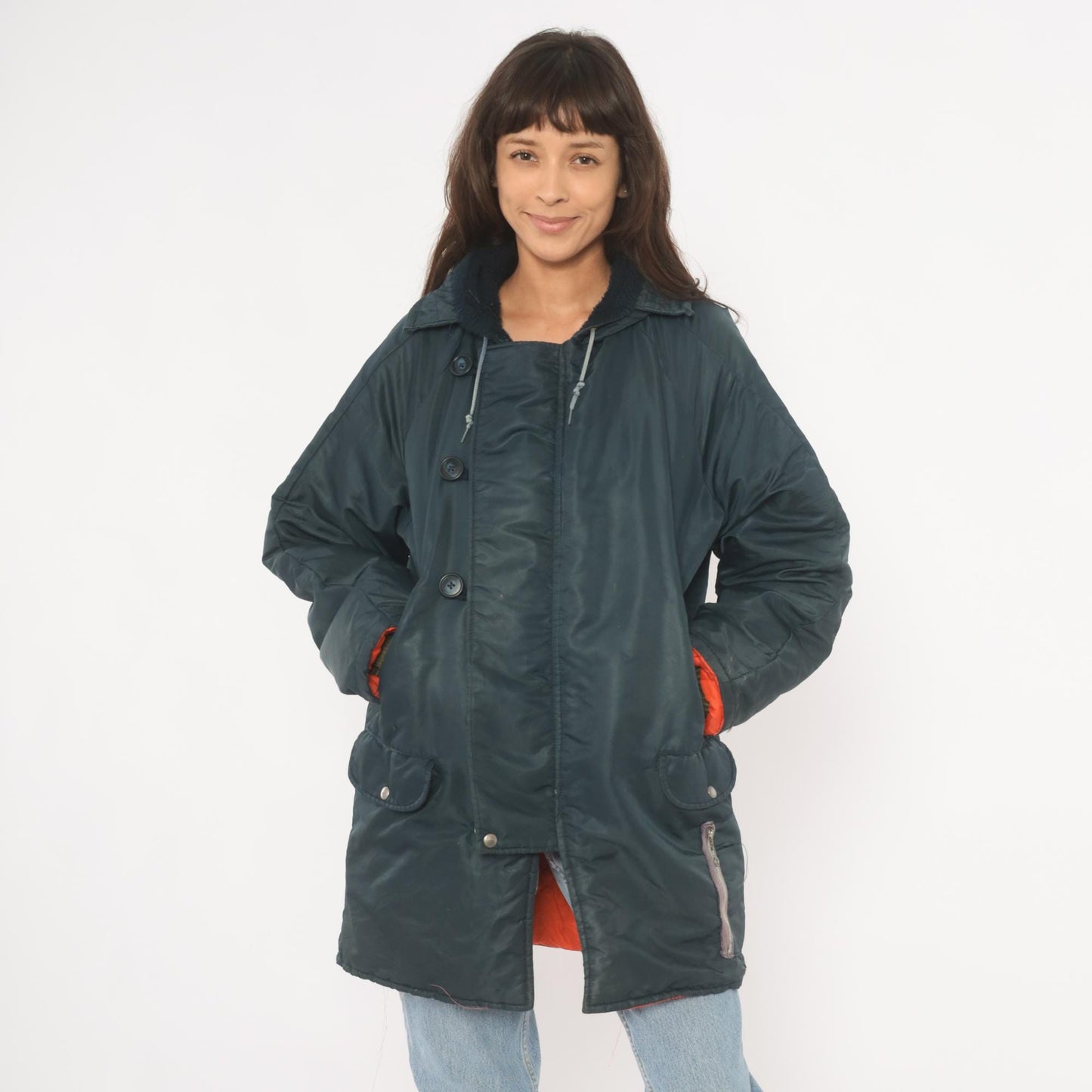 80s La Mart Navy Puffer Parka Sherpa Collar Hooded Winter Coat Large