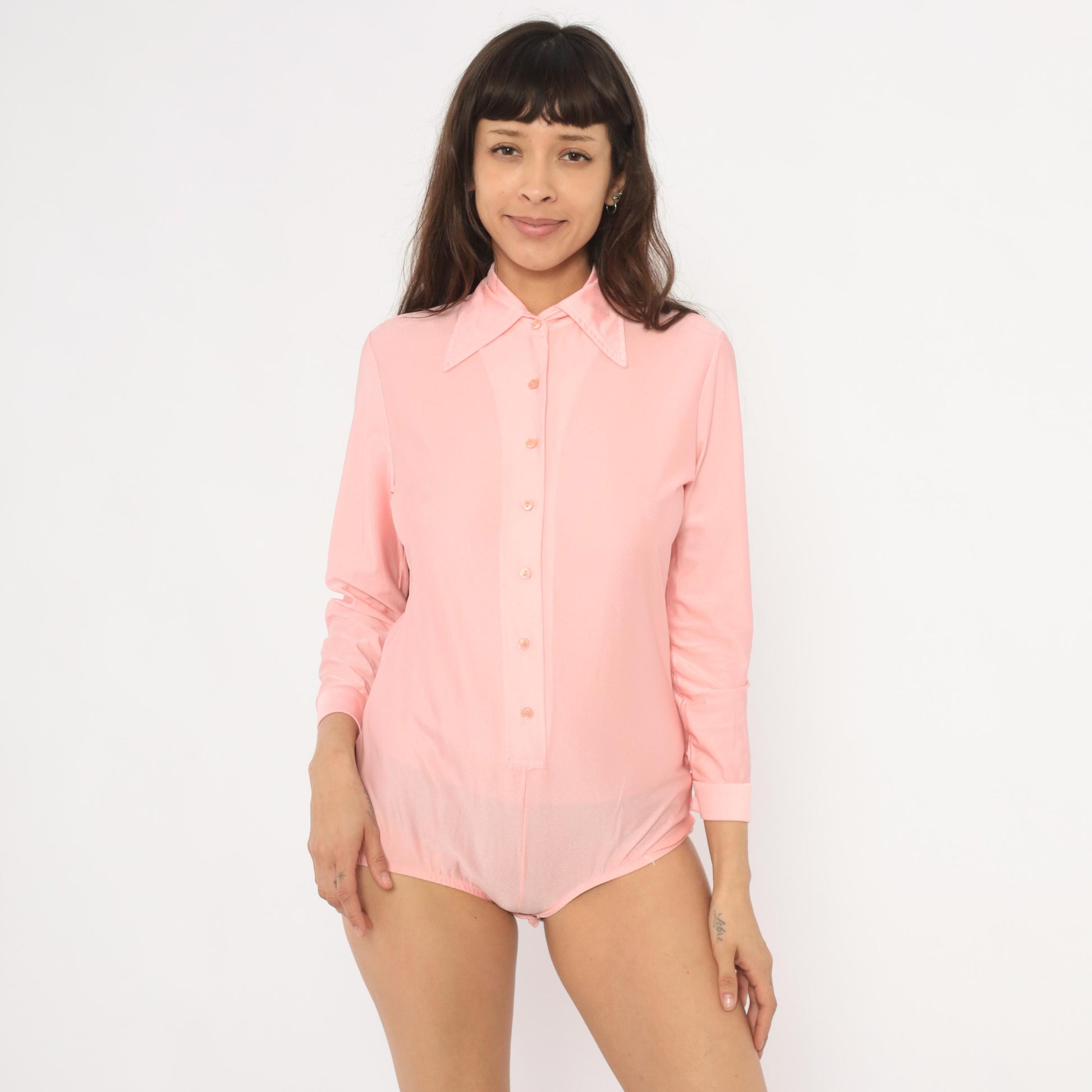 80s Imagnin Pink Bodysuit Blouse Pointed Collar Long Sleeve Large L