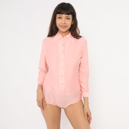 80s Imagnin Pink Bodysuit Blouse Pointed Collar Long Sleeve Large L