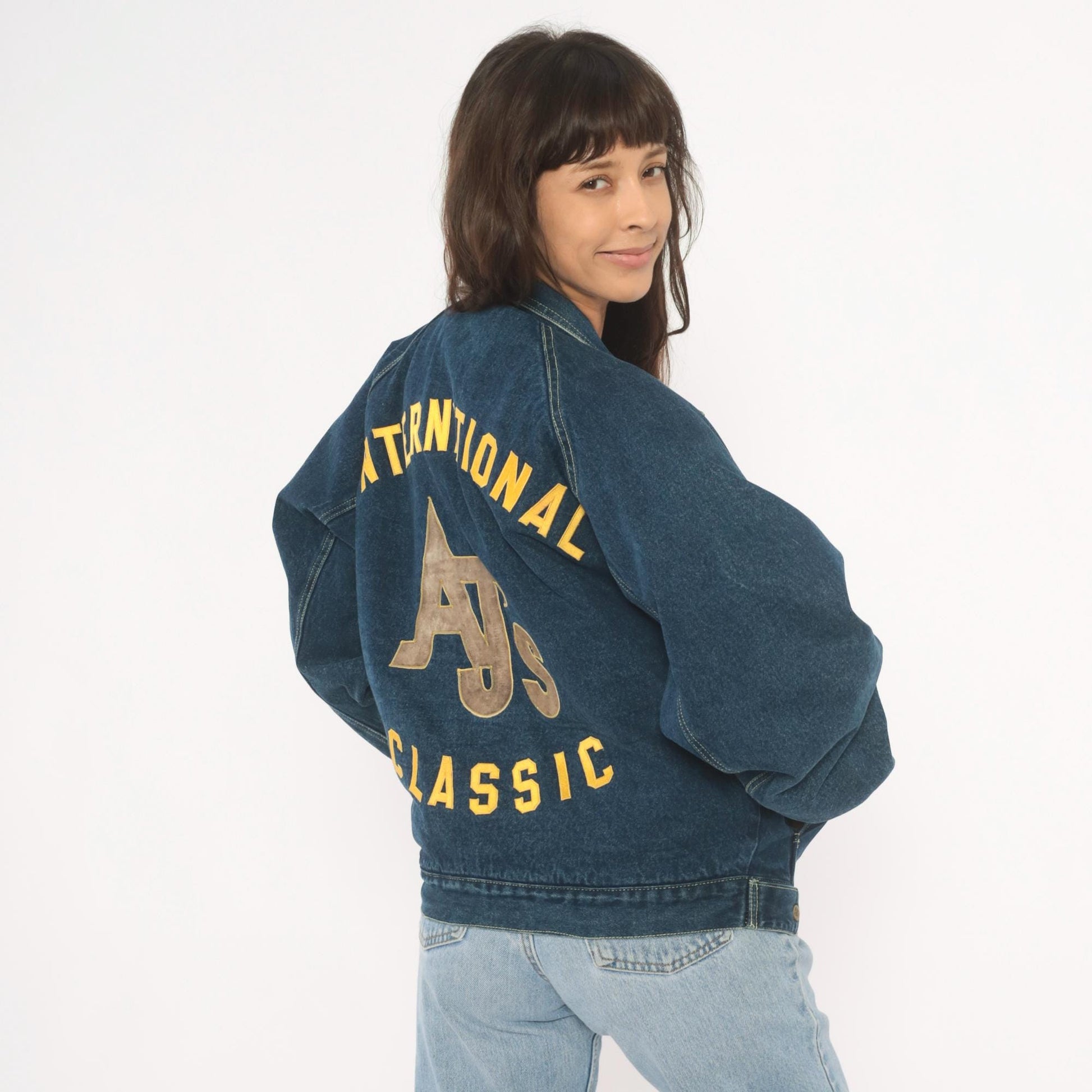 90s AJs Dark Wash Denim Bomber Jacket Embroidered Logo Small