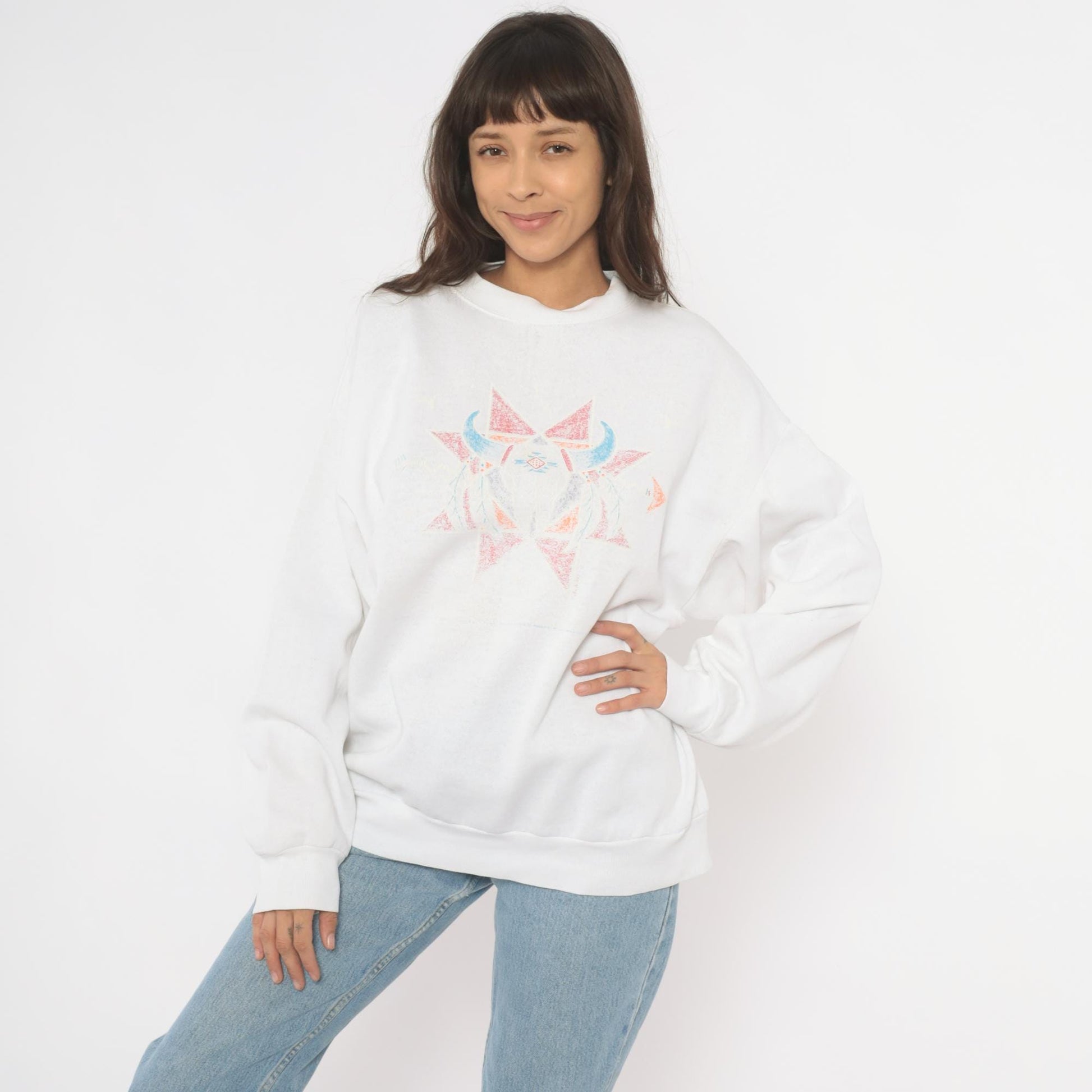 90s Tultex Southwestern Cow Skull Sweatshirt White Pastel Geometric Crewneck Extra Large XXL