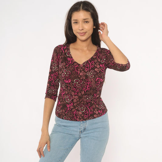 Y2K Only Nine Floral Botanical Blouse Brown Pink Three Quarter Sleeve Large L