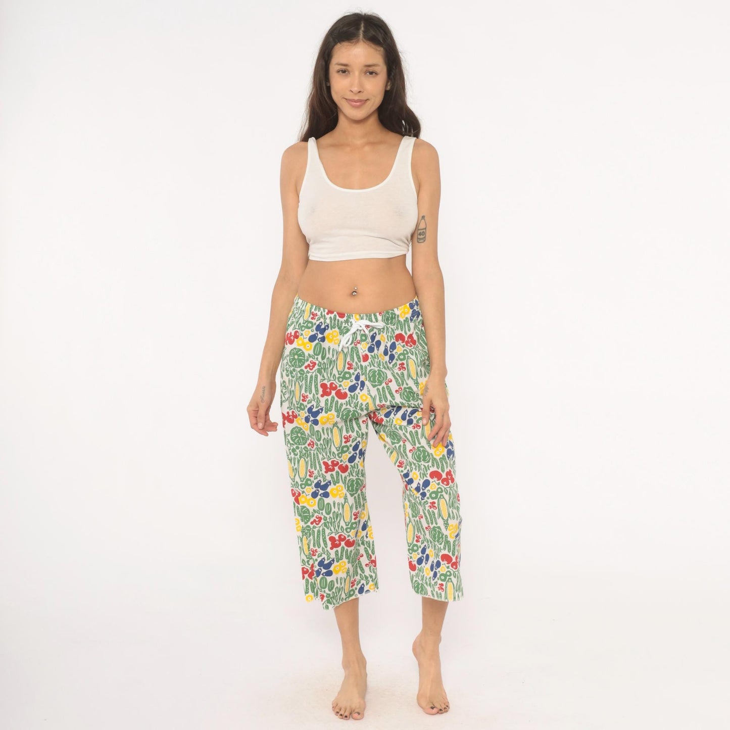 90s Vegetable Garden Print Culottes White Wide Leg Capri Cotton Medium M