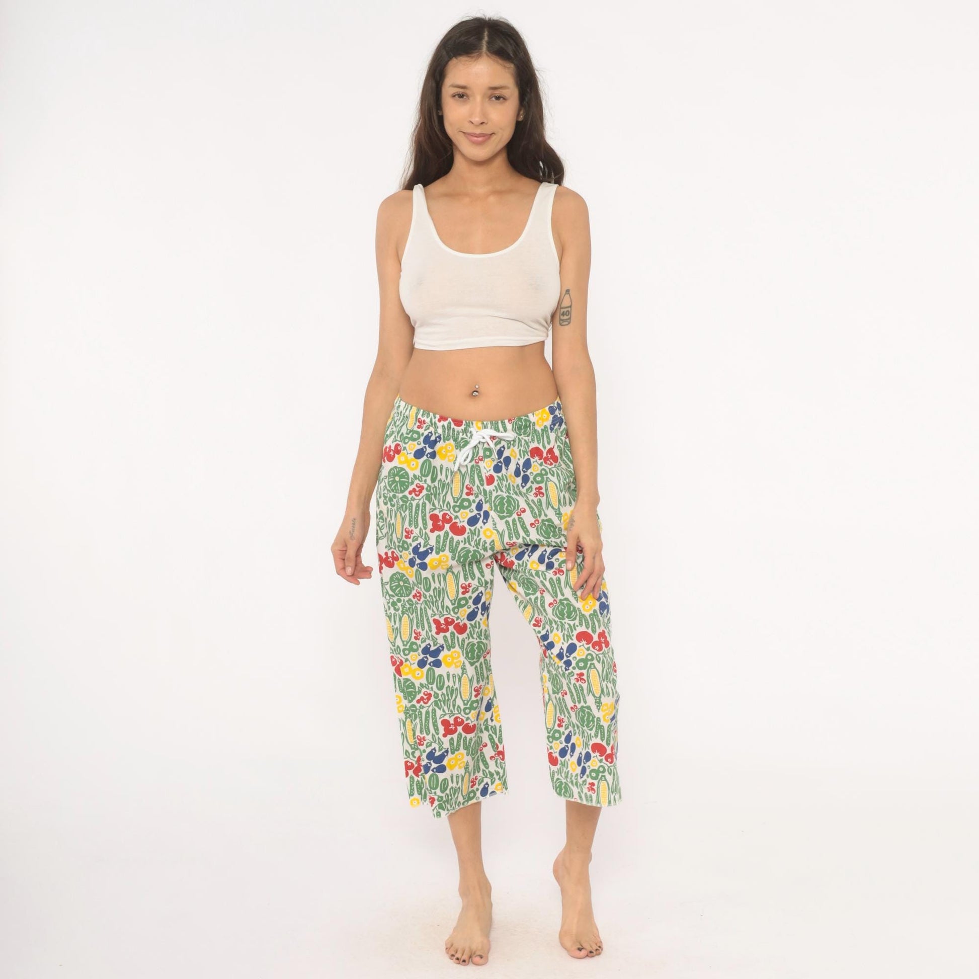 90s Vegetable Garden Print Culottes White Wide Leg Capri Cotton Medium M