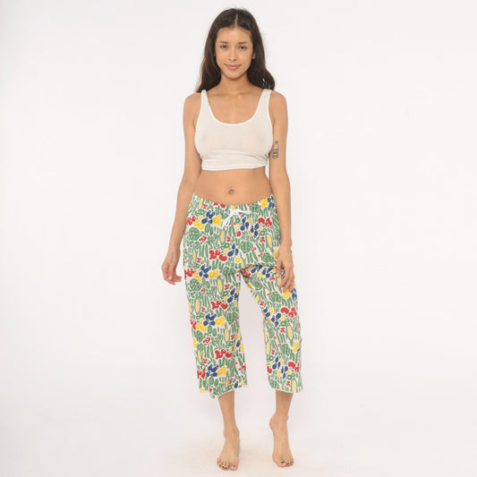 90s Vegetable Garden Print Culottes White Wide Leg Capri Cotton Medium M