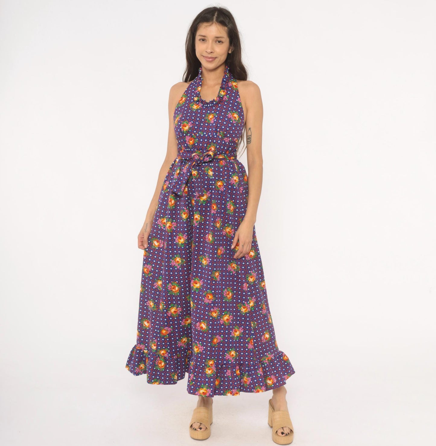 70s Floral Halter Dress Purple Polka Dot Tie Waist Open Back XS