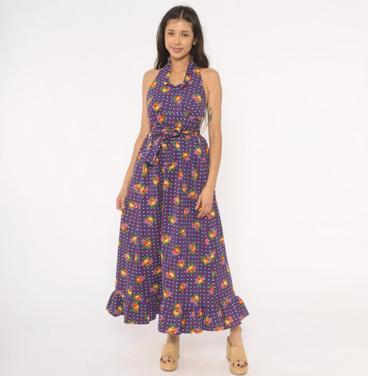 70s Floral Halter Dress Purple Polka Dot Tie Waist Open Back XS