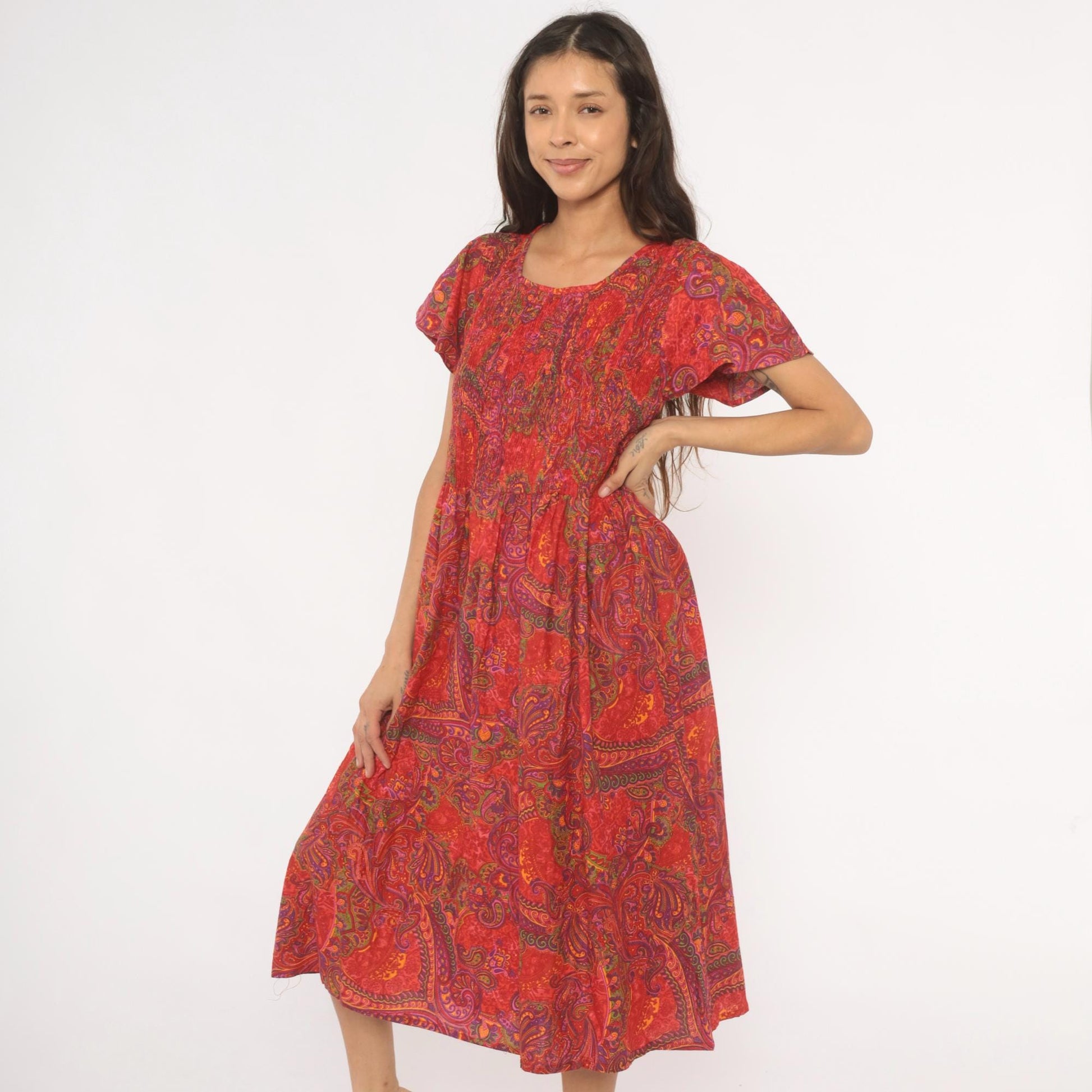 70s Metropolitan Paisley Smocked Midi Dress Red Flutter Sleeve Cotton Large L