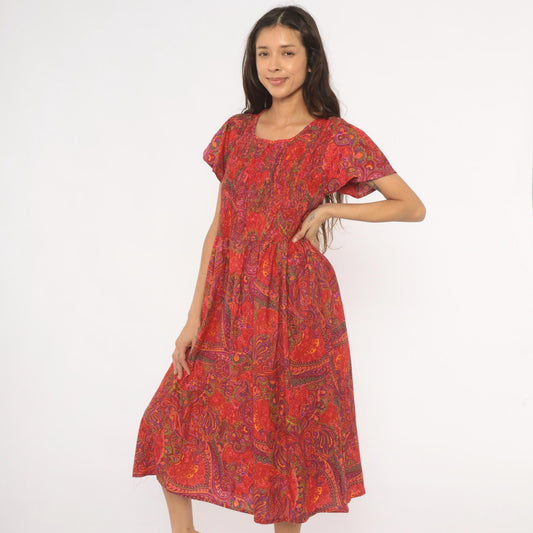 70s Metropolitan Paisley Smocked Midi Dress Red Flutter Sleeve Cotton Large L