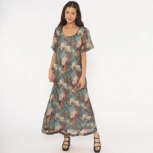90s De Frantoria Floral Maxi Dress Slate Blue Cream Chiffon Short Sleeve Extra Large XL