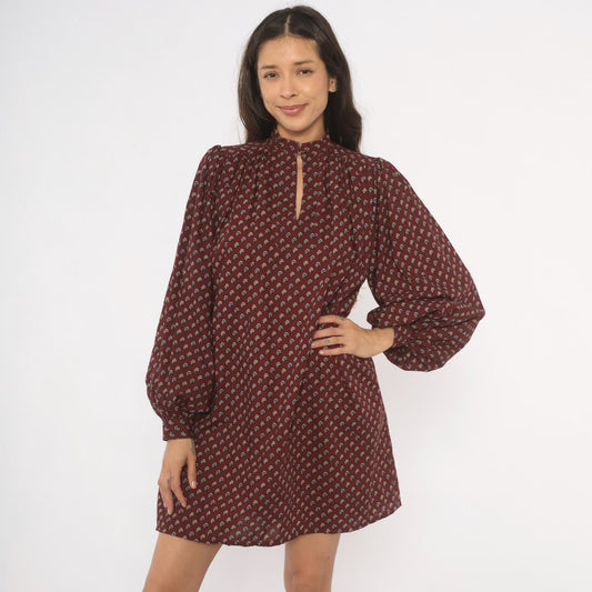 80s Hear Say Burgundy Floral Mini Dress Puff Sleeve Keyhole Band Collar Medium M