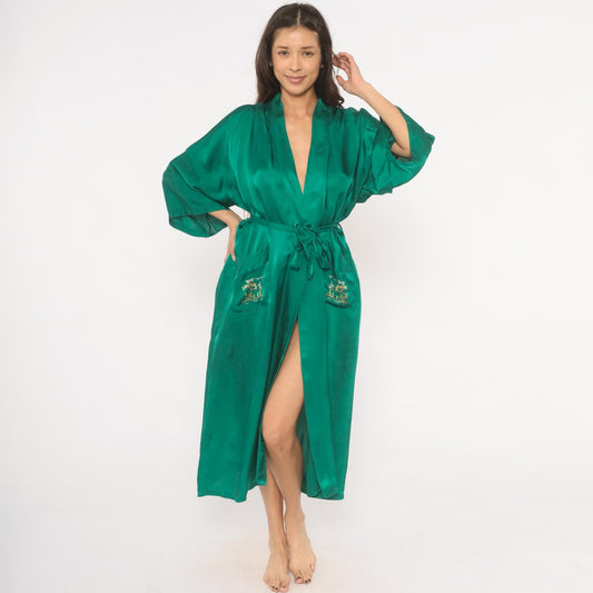 80s Health Silk Kimono Robe Emerald Embroidered Landscape Ankle Length Large L