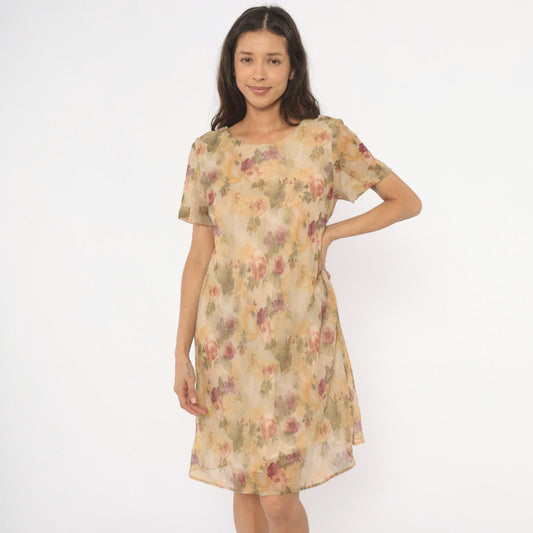 90s DJ Summers Floral Chiffon Dress Tan Rose Print Knee Length Medium M