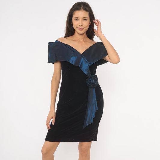 90s Evening Chic Off-Shoulder Velvet Dress Navy Satin Bodice Medium M