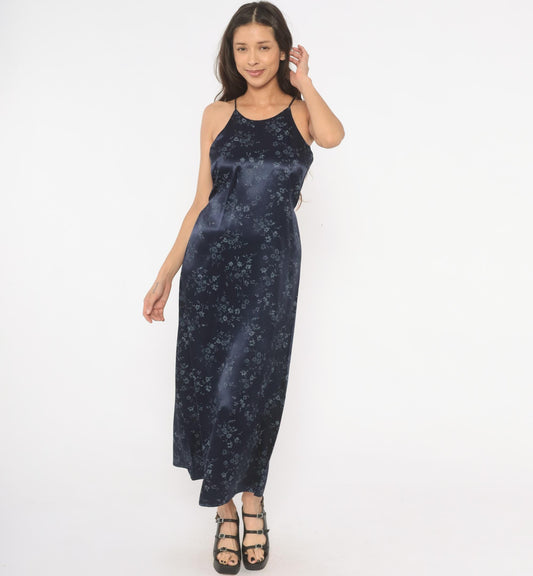 90s Navy Satin Halter Maxi Dress Floral Print Tie Back Small S