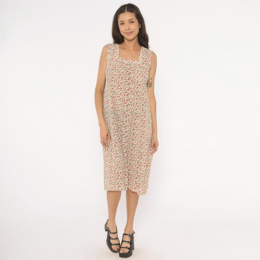 70s Ditsy Floral Shift Dress Cream Red Sleeveless Knee-Length Medium