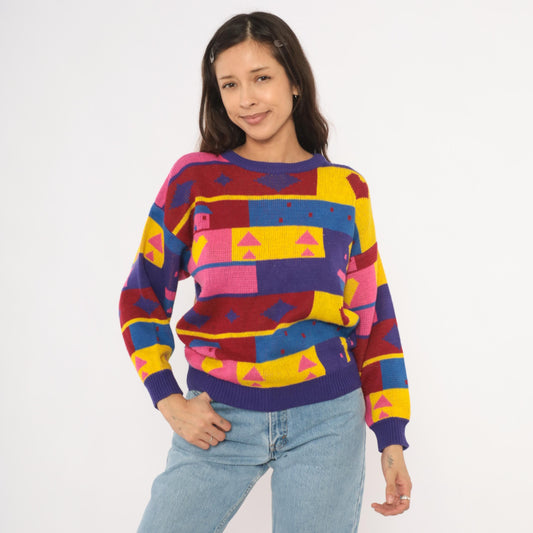 90s Chateau Geometric Colorblock Knit Sweater Purple Pink Yellow Small S
