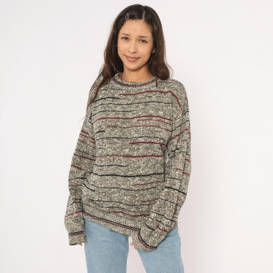 80s Bill Blass Marled Knit Striped Crewneck Pullover Burgundy Navy Grey Unisex Small