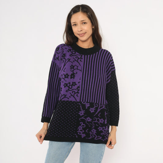 90s Sweater Exchange Purple Mock Neck Knit Patchwork Jacquard Large