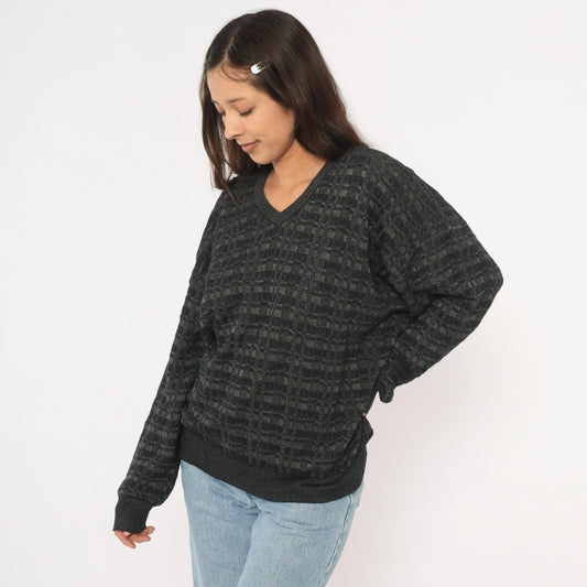 90s Tricots St Raphael Charcoal V-Neck Wool Sweater Checkerboard Knit Extra Large XL