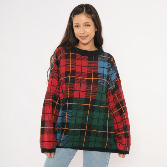 90s Venezia Plaid Knit Pullover Tartan Crewneck Multicolor Extra Large