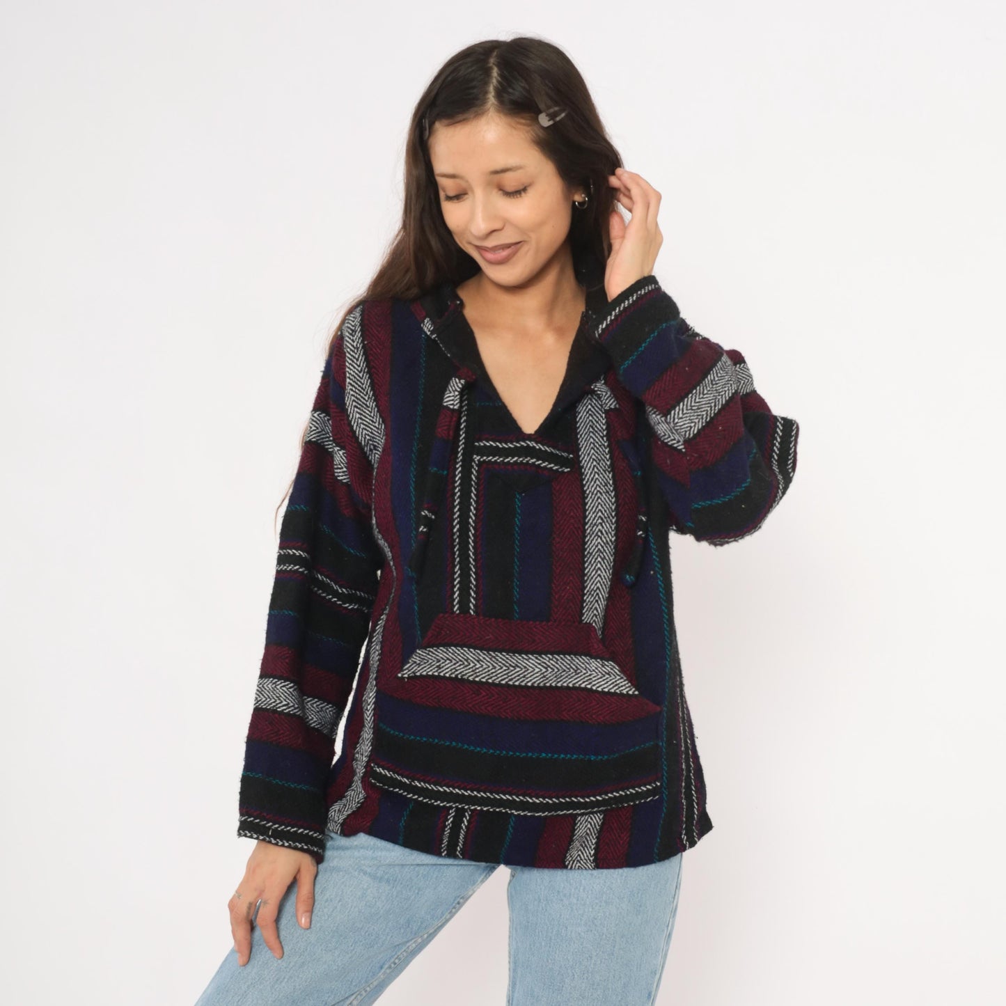 90s Baja Hoodie Striped Navy Burgundy Black Herringbone Weave Small S