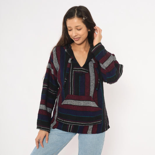 90s Baja Hoodie Striped Navy Burgundy Black Herringbone Weave Small S
