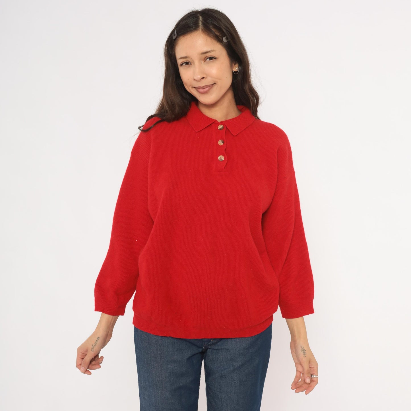 90s Outback Red Polo Sweater Wool Knit Collared Button Pullover Medium