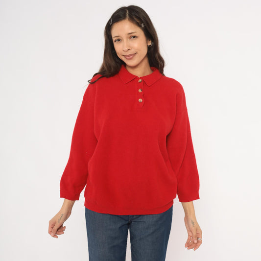 90s Outback Red Polo Sweater Wool Knit Collared Button Pullover Medium
