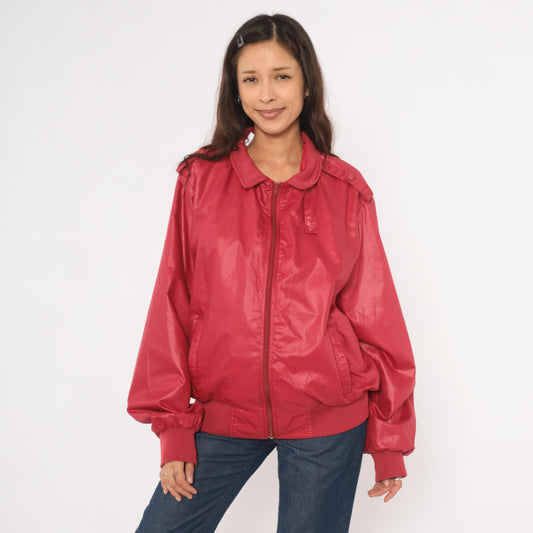 80s Raspberry Bomber Jacket Four Seasons Zip Front Windbreaker Shoulder Tabs Large L