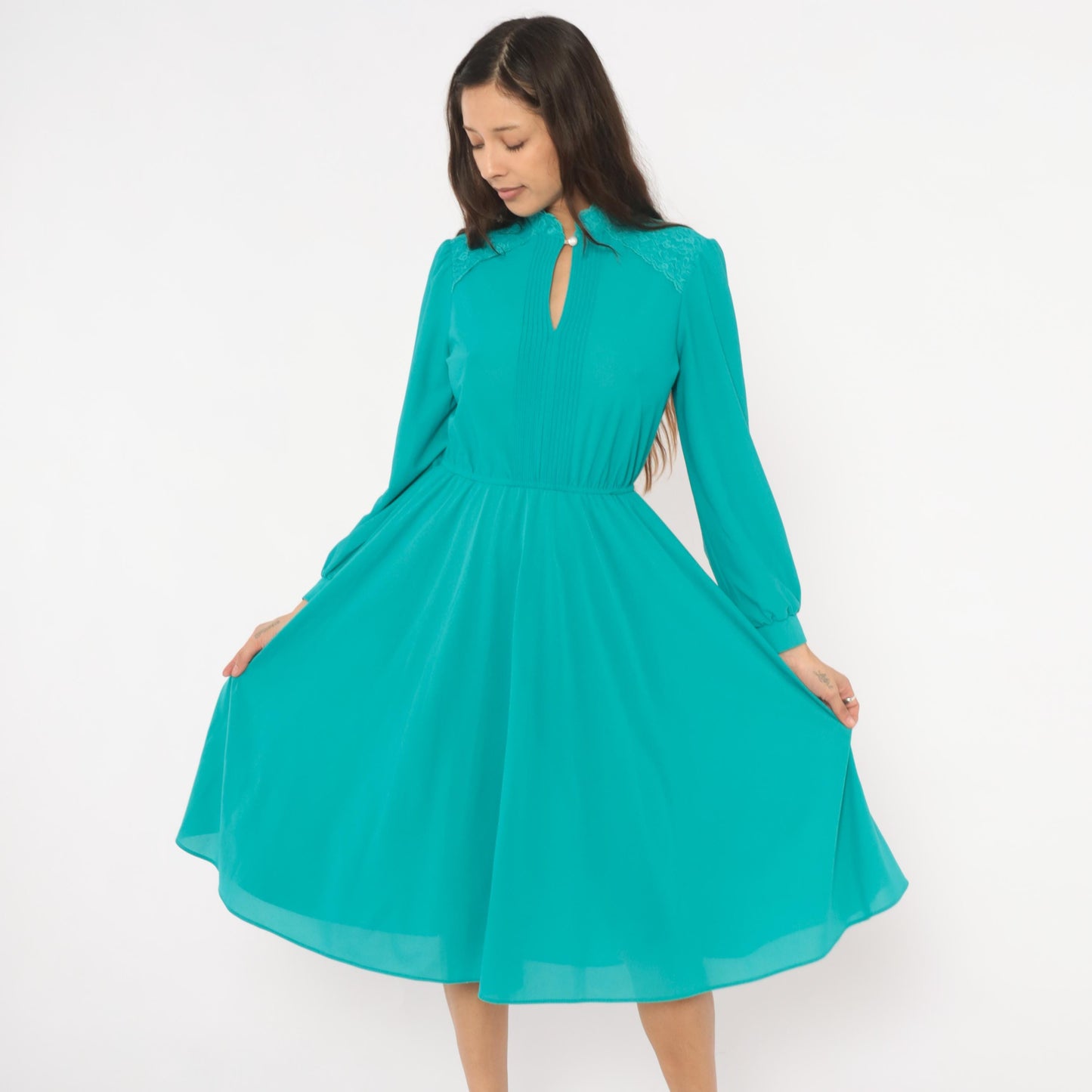 1970s Jane Baar Teal Knee-Length Dress Lace Collar Pintuck Bodice Small S