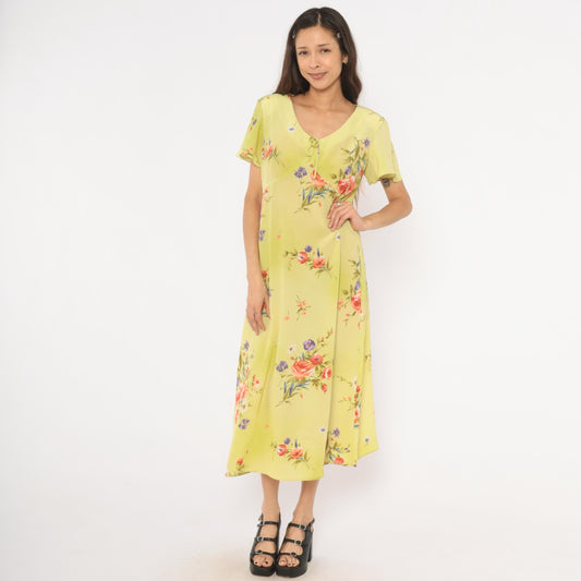 90s Yellow Floral Midi Dress Chiffon Flutter Sleeve Cottagecore Medium