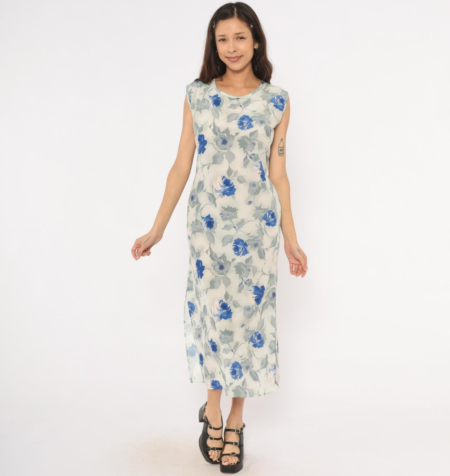 90s Steps Blue Rose Watercolor Midi Dress Ivory Chiffon Cap Sleeve Small S