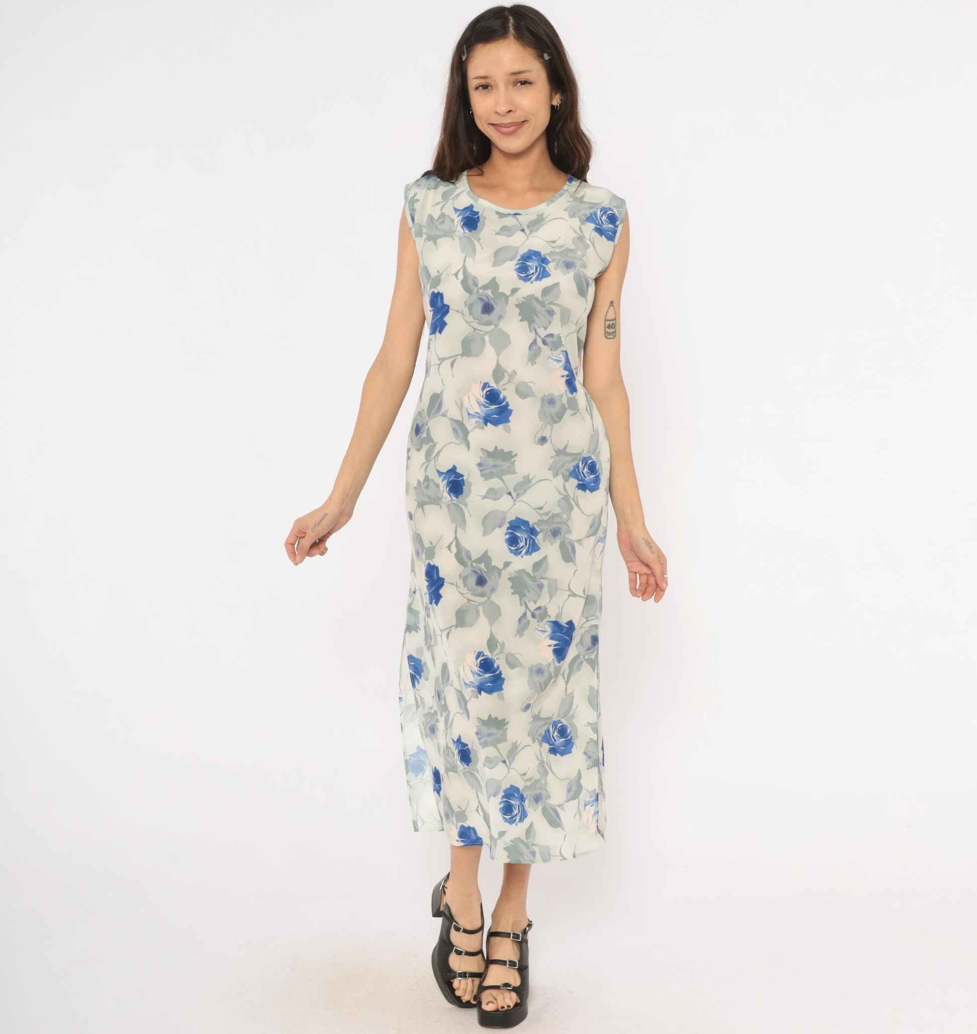 90s Steps Blue Rose Watercolor Midi Dress Ivory Chiffon Cap Sleeve Small S